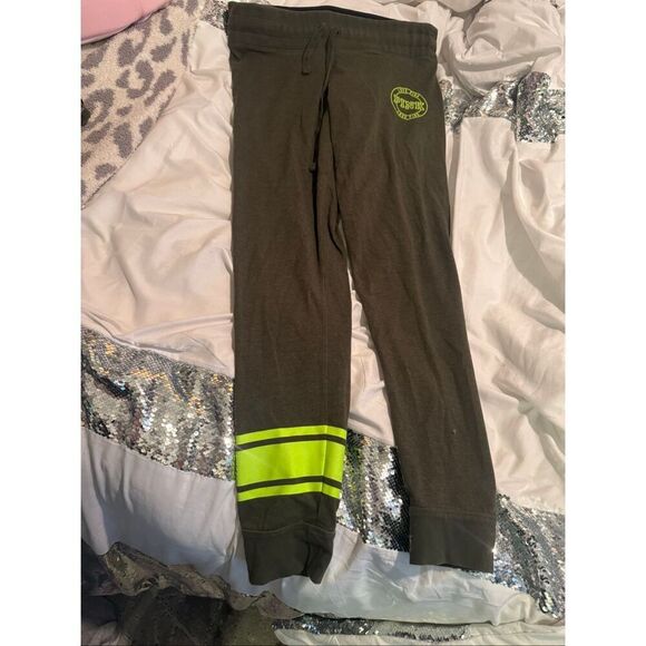 Vs Victorias secret PINK campus classic sweatpants /joggers olive & neon LG - Picture 1 of 3